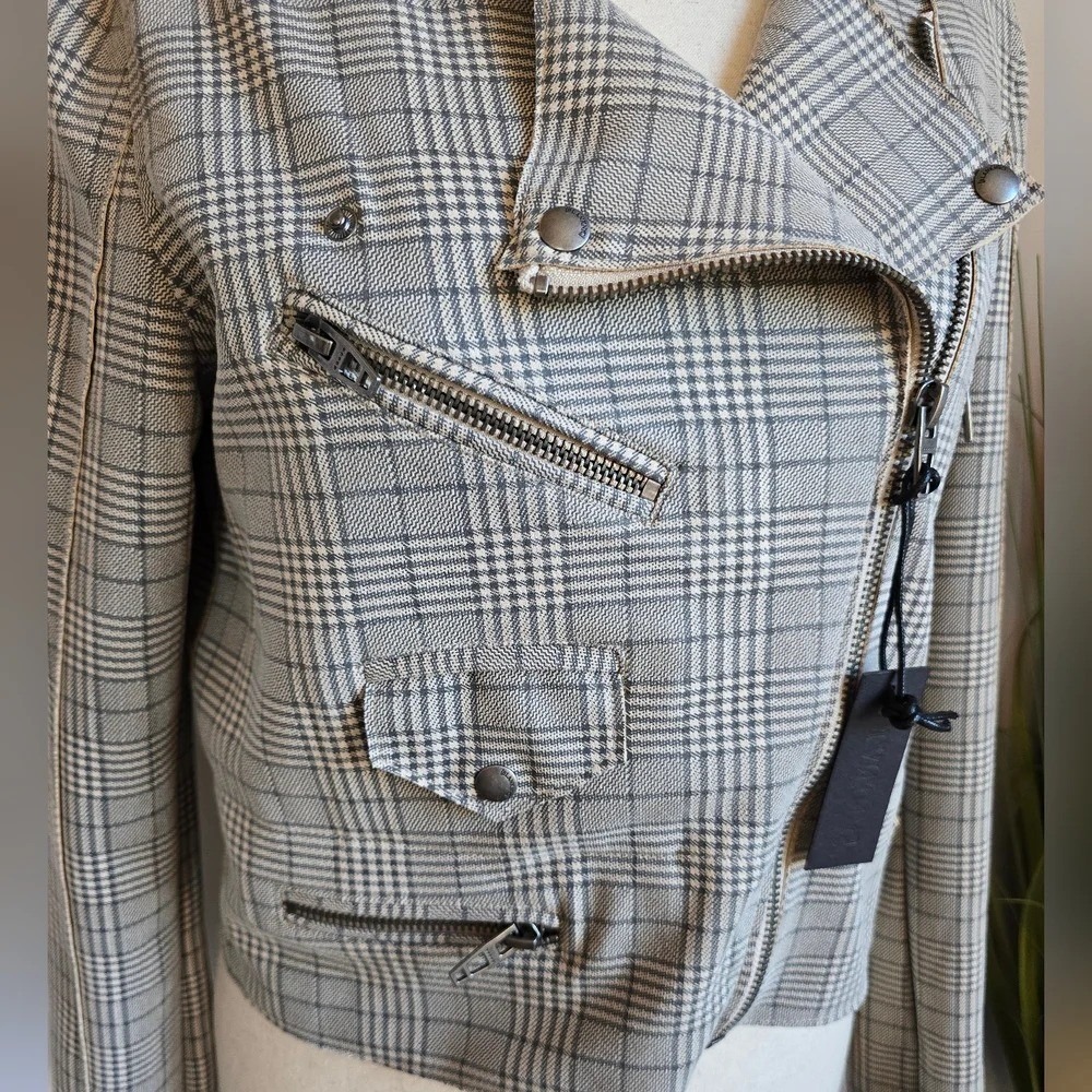 Revolve New Blank NYC Glen Neutral Plaid Moto Zip Front Jacket SZ Medium Boho - Picture 6 of 12